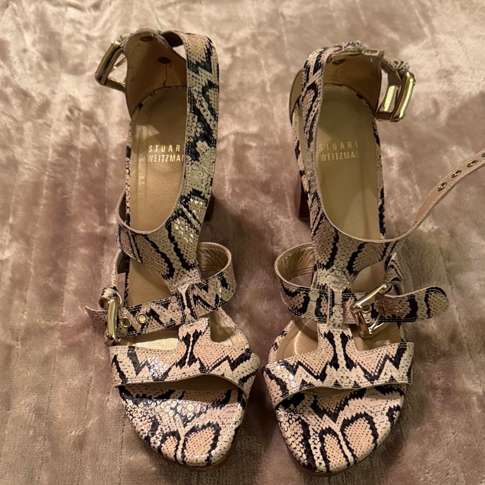 Stuart Weitzman Beige and Black Snake Print Heels